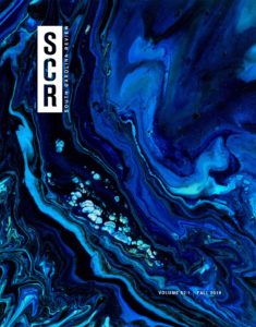 Cover of issue 52.1. Art work includes a blue abstract design with the South Carolina Review logo in the top right corner.