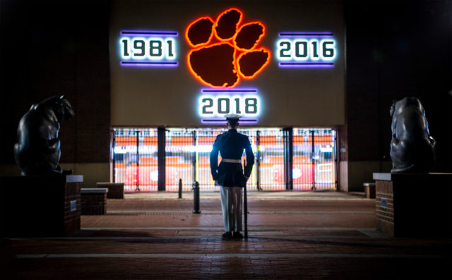 Clemson University Air Force ROTC cadet Scott Greathouse, a junior studying mechanical engineering and member of the Pershing Rifles honor guard, conducts sentinal duty at the Scroll of Honor