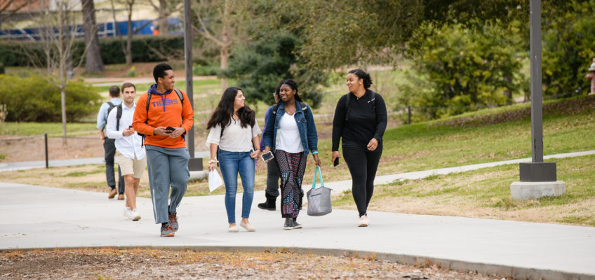 Clemson students walking on Clemson campus