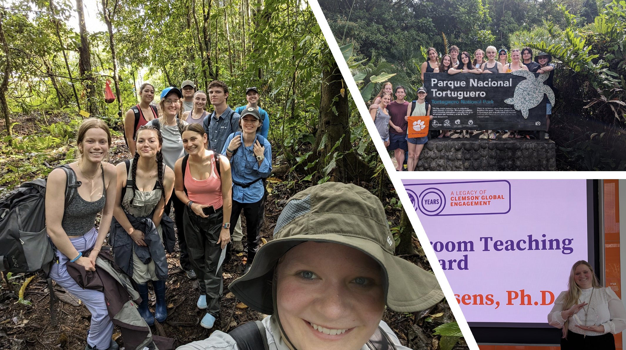 Three images. One of group of students and Kelly Willemssens in a forest, one of a group of students posing at the national park entrance, one of Willemssens holding her award.