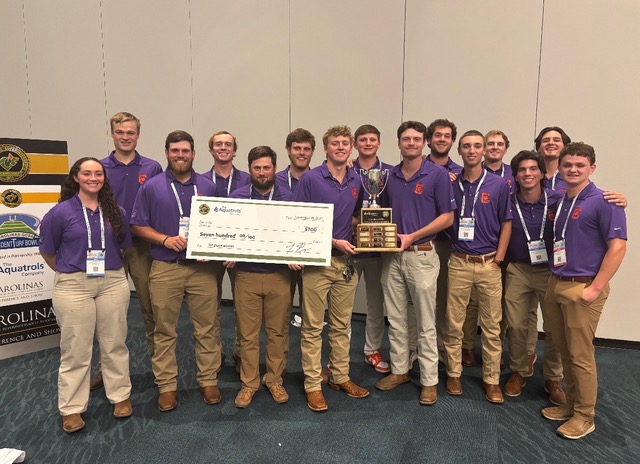Members of the Clemson Turf Team who claimed the 2025 title of Turf Bowl Champions at the 2025 Carolinas Golf Course Superintendents Conference are, from left: Sarah Mclerins, Luke Totten, Gray Lister, Bryce Baker, Sean Crowe, Grayson Copeland, Keegan Brown, Matt Waldrop, Adam Hicks, Eli Ricker, Andrew Hart, Bo Morris, Ryan Hadden, Nathan Holloman and Gavin Trout.