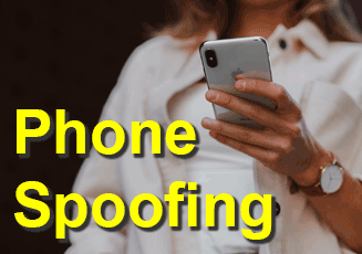 A close-up of a woman holding an iPhone and looking at it with the title 'Phone Spoffing' at the bottom left.