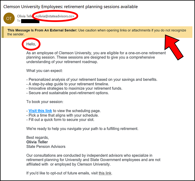 Screenshot of an email with the subject 'Clemson University Employees: retirement planning sessions available' and a warning message that it is from an external sender and not a Clemson user. The email contains information about scheduling a retirement planning session but it is not from a legitimate South Carolina resource. 