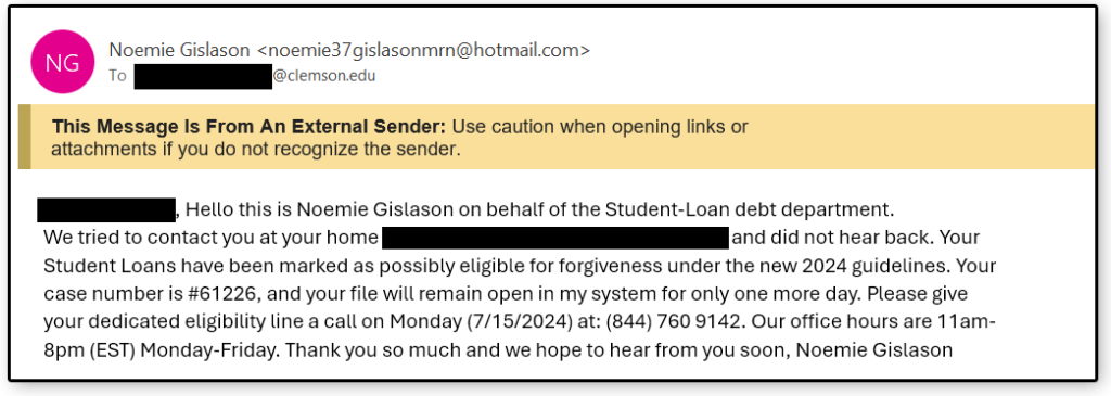 Screenshot of an email that is from an unknown sender, with a warning message saying this is from an external sender and a message that is potentially phishing.
