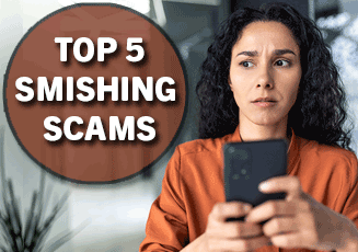 A woman holding a cellphone looking confused and slightly scared about what is on the phone and the phrase 'Top 5 Phishing Scams'.