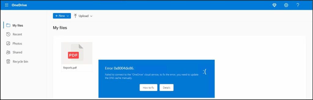 Screenshot of a error message pop-up in Microsoft OneDrive that says' Failed to connect to the 'OneDrive' cloud service, to fix the error, you need to update the DNS cache manually.