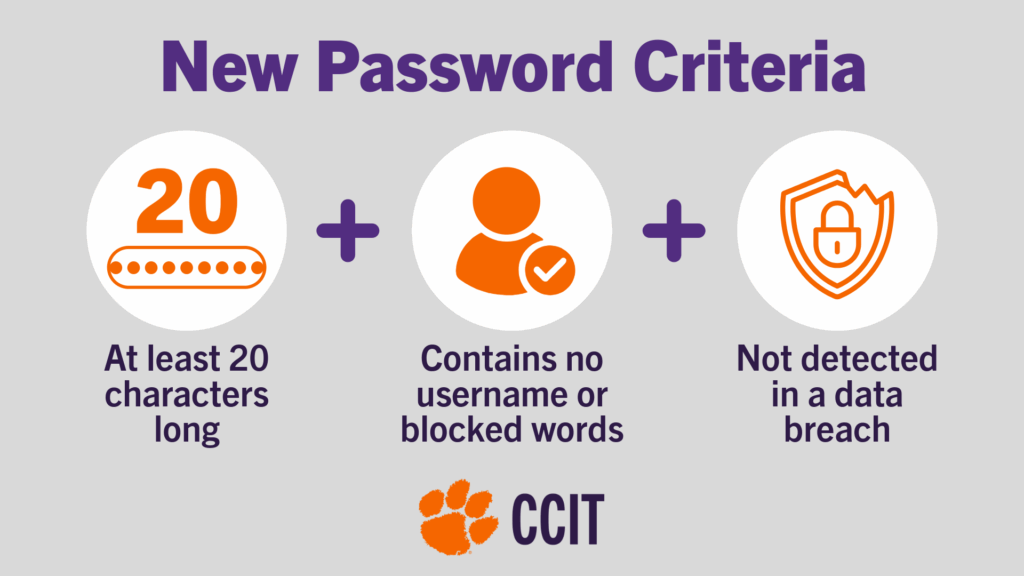 New passwords must be at least 20 characters long, contain no username or blocked words, and can't be detected in a data breach.