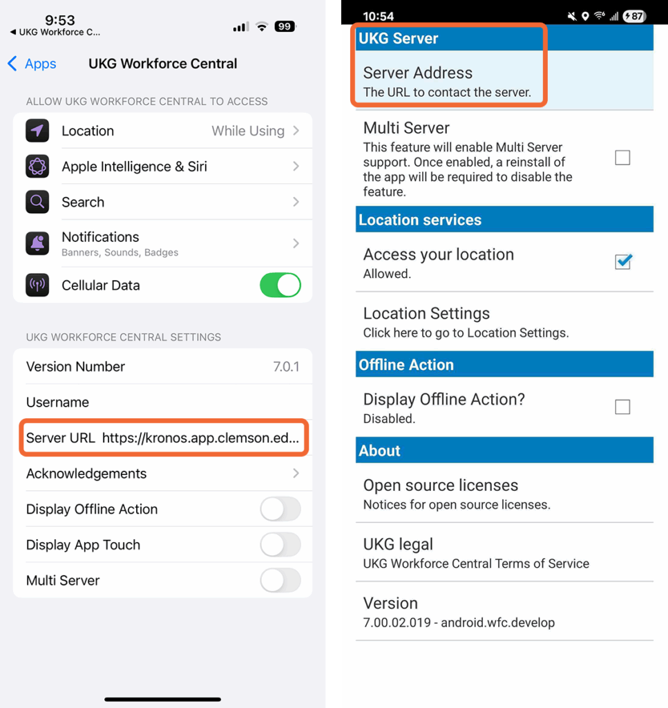 Kronos app settings for iPhone (left) and Android (right)