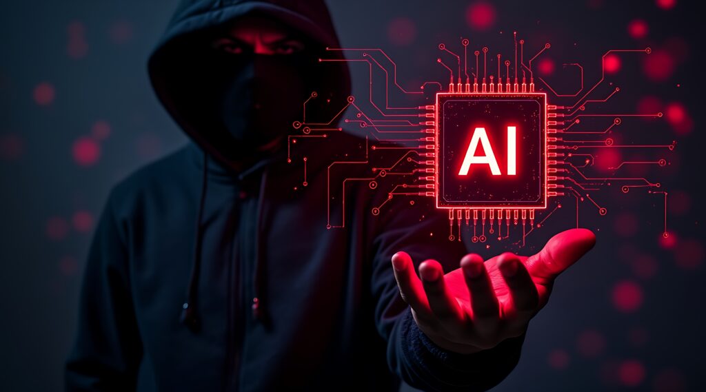 A hooded hacker, masked and cloaked in a dark background, holds artificial intelligence circuitry.