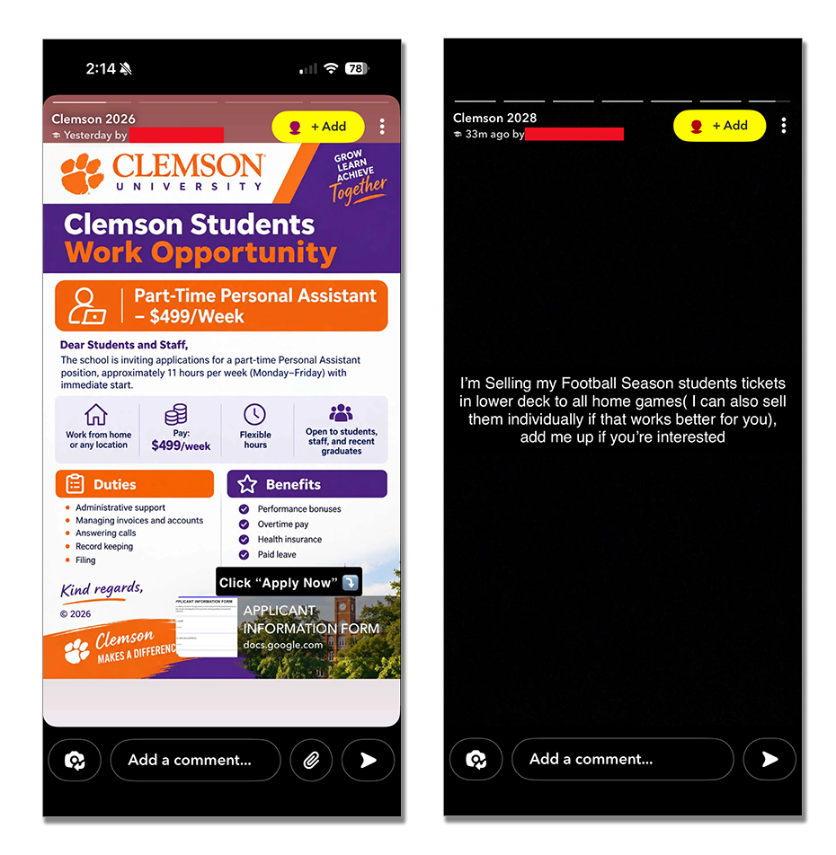 Screen shots of fake job offer and football ticket scam posts on Snapchat.