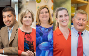This image shows Clemson faculty involved in COVID-19 response efforts, from left to right: Mark Blenner, Sarah Harcum, Terri Bruce, Delphine Dean and Ken Marcus