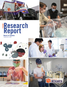 The cover page of the September 2020 Research Report to the Board of Trustees includes a collage of photos related to COVID-19 research, including pictures of a mobil health clinic, a student making face masks, a faculty member in a lab with students, and a doctor seeing a patient under a protective hood. 