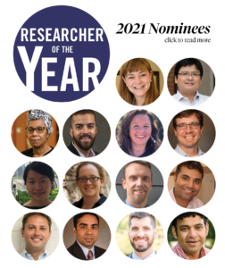 The images includes a blue circle with the words "Researcher of the Year" in the top left corner and the words "2021 Nominees, click to read more "at the top right." The rest of the image includes a collage of headshots of Clemson faculty members.