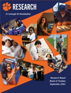 The photo includes a collage of Clemson faculty members and researchers working in labs and offices