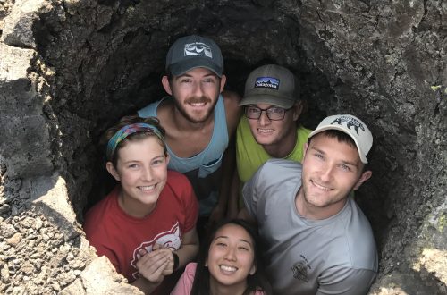 Starting on the left and going clockwise: Halle Murphy, Riley Blais, Henry Reed, Austin Bruner, and Amy Ngyuen at Lava Cast National Monument.