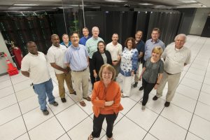 Clemson University researchers stand in front of the Palmetto Cluster Supercomputer.