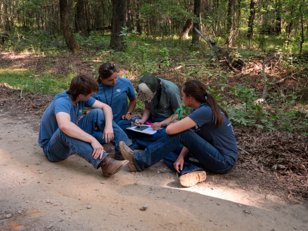 Four students sit on the forest floor, looking at a map.