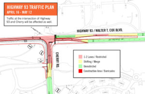 Overview of lane closures near the Highway 93 / Cherry Road intersection.
