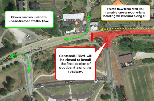 This diagram shows an overhead look of where construction will occur, and where traffic can still flow freely.