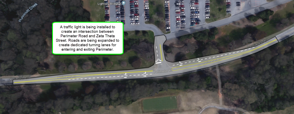 This diagram shows how Perimeter Road and Zeta Theta Road are being expanded to accommodate a new traffic light. For more information please call 656-2186.