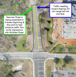 This diagram shows how Newman will be expanded from 2 lanes to 4 as drivers approach McMillan. For more information call 656-2186.