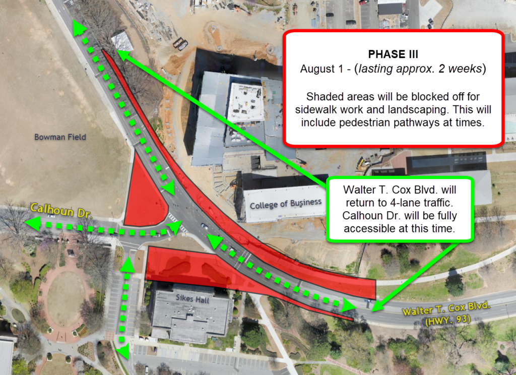 This image shows that traffic can now freely move through Walter T. Cox and Calhoun Drive, with a note about remaining work to be done.