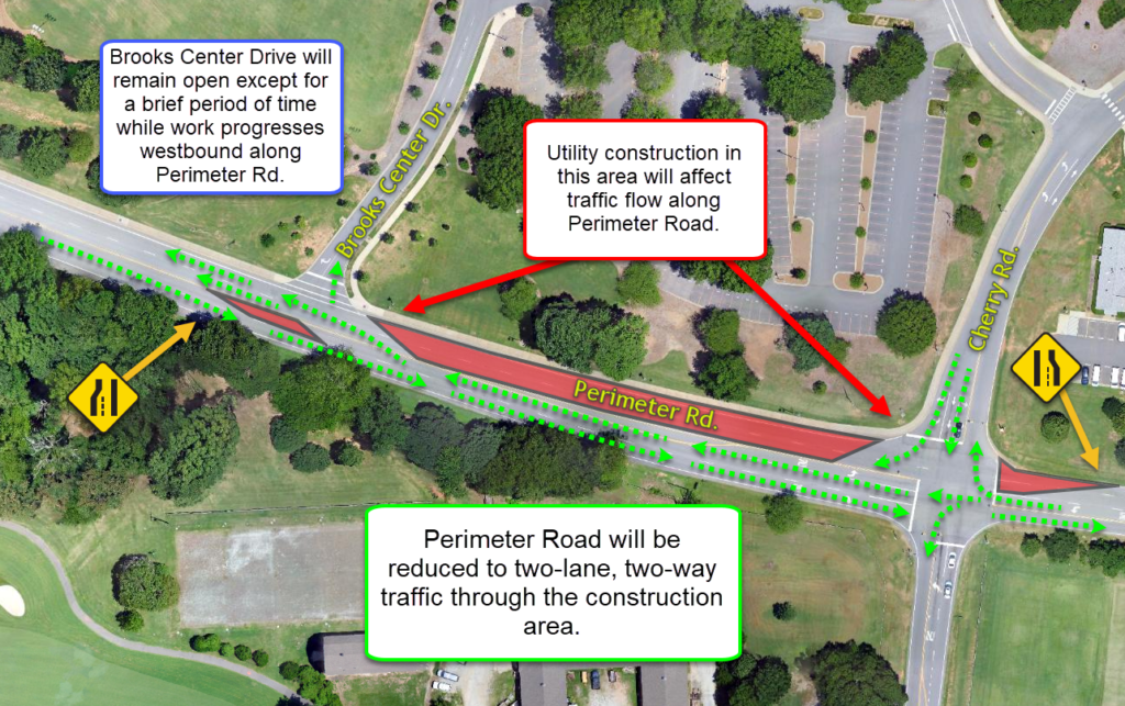 Diagram showing where construction is located along Perimeter Road near the Brooks Center