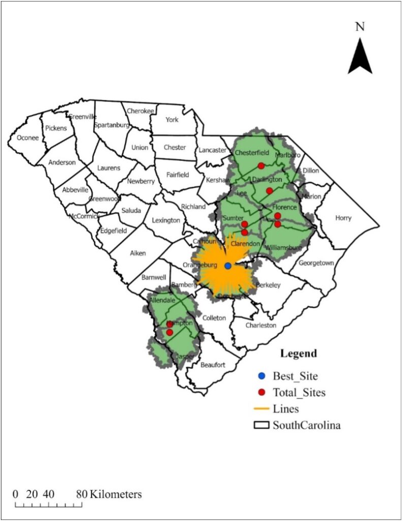 A map of South Carolina counties with green areas and red and blue dots.