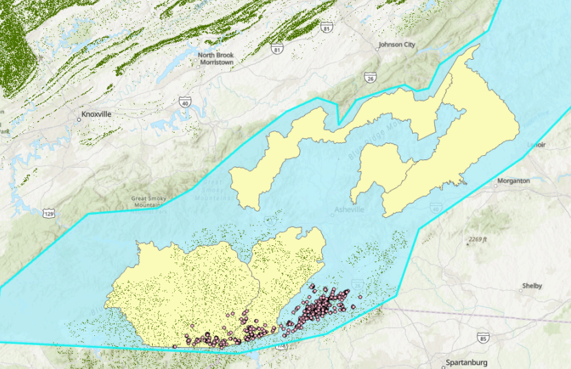 map of western North Carolina overlaid with various, colored polygons and points
