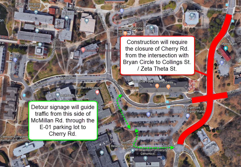 This visual shows a photographic overhead of the campus map, focusing on the McMillan / Cherry intersection.