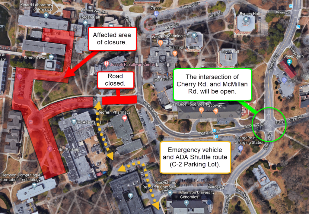 This is a photo of the campus map with markup denoting where McMillan will be closed as underground utility construction takes place.