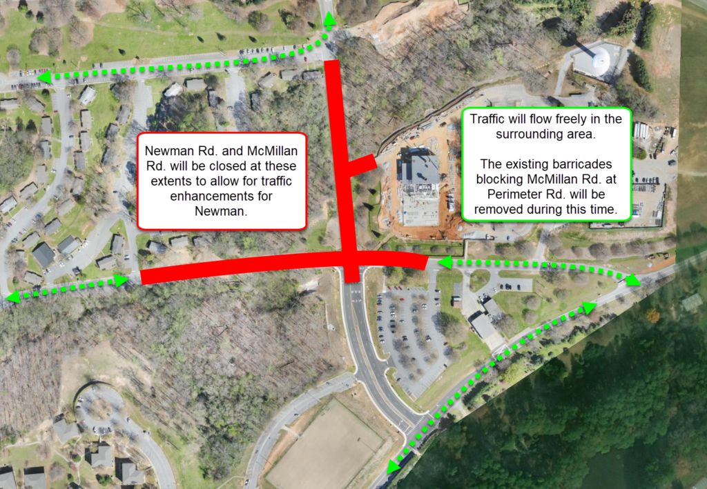 This visual shows a photo of campus with markup indicating where Newman Road will be closed to allow for construction of traffic enhancements.
