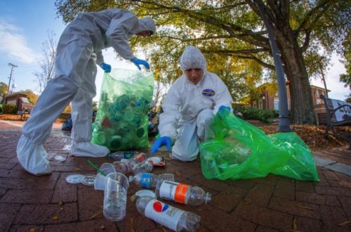 Clemson student picking up trash during Solid Green Day.