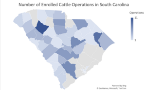 Figure 1. Number of enrolled cattle operations by county in South Carolina.