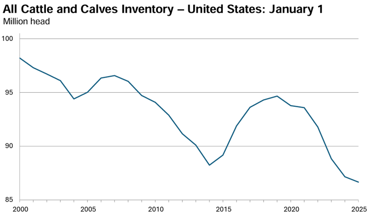 Figure 1: United States. All Cattle and Calves Inventory. January 1, 2025 (graph)