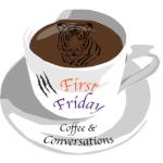First Friday Logo - a cup of coffee with a Tiger graphic in the coffee liquid.