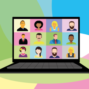 Cartoon image of a laptop with a 12 person video conference on the screen.