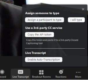 Screenshot of "live transcript" option in Zoom.
