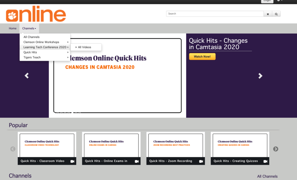 Screenshot of Clemson Online's Ensemble Portal Channels