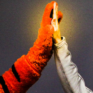 A closeup of the Clemson tiger mascot's hand high-fiving a human hand in a gesture of compassion.