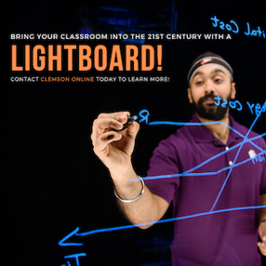 A man writing on the Lightboard; image says "Bring your classroom into the 21st century with Lightboard!