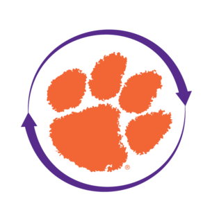 The orange Clemson paw encircled by a purple arrow.