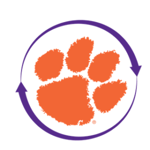 The orange Clemson paw encircled by a purple arrow.