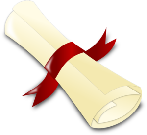A parchment diploma tied with a red ribbon.