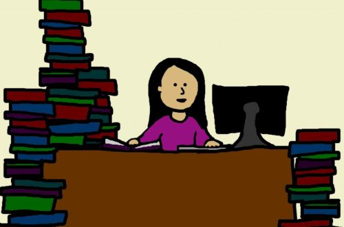Cartoon woman sitting at a desk with a computer and tall stacks of books all around.