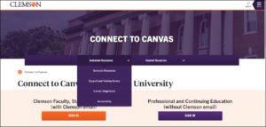 Screenshot of Clemson Canvas login page, with a dropdown menu for "Instructor Resources" that offers: semester resources, support and training guides, Canvas integrations, and accessibility.