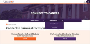 Screenshot of Clemson Canvas login page, with a dropdown menu for "Student Resources" that offers: semester resources and accessibility.