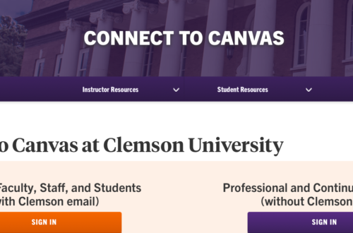 Screenshot of Clemson Canvas login page, with 2 dropdown menus: "student resources" and "instructor resources"; also features 2 login buttons, one for Clemson people, one for non-Clemson people.