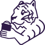 A purple line graphic of the Clemson Tiger drinking an iced coffee.