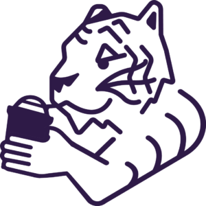 A purple line graphic of the Clemson Tiger drinking an iced coffee.